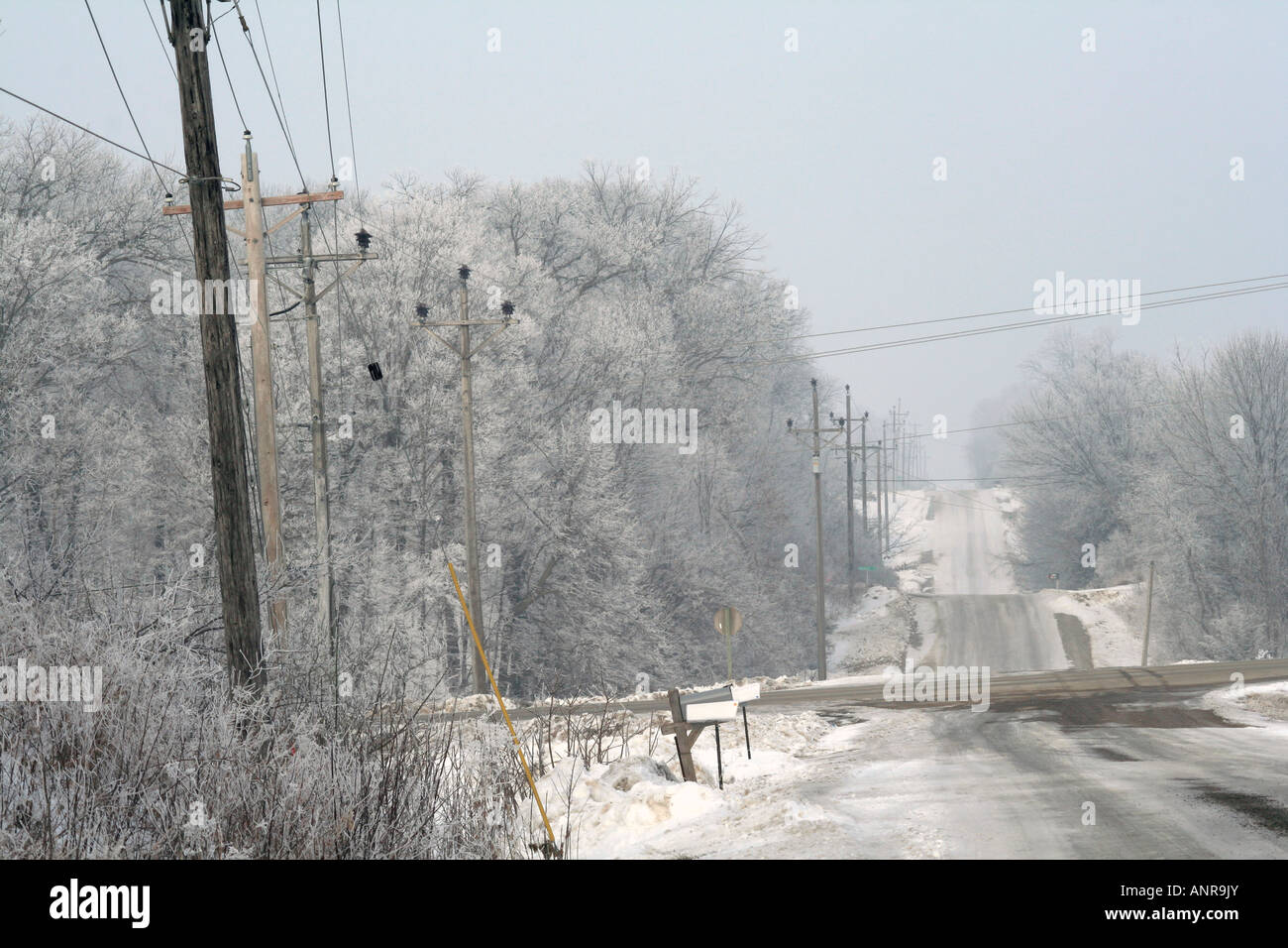 Lane rural avec des lignes de transport d'électricité dans des conditions hivernales Banque D'Images