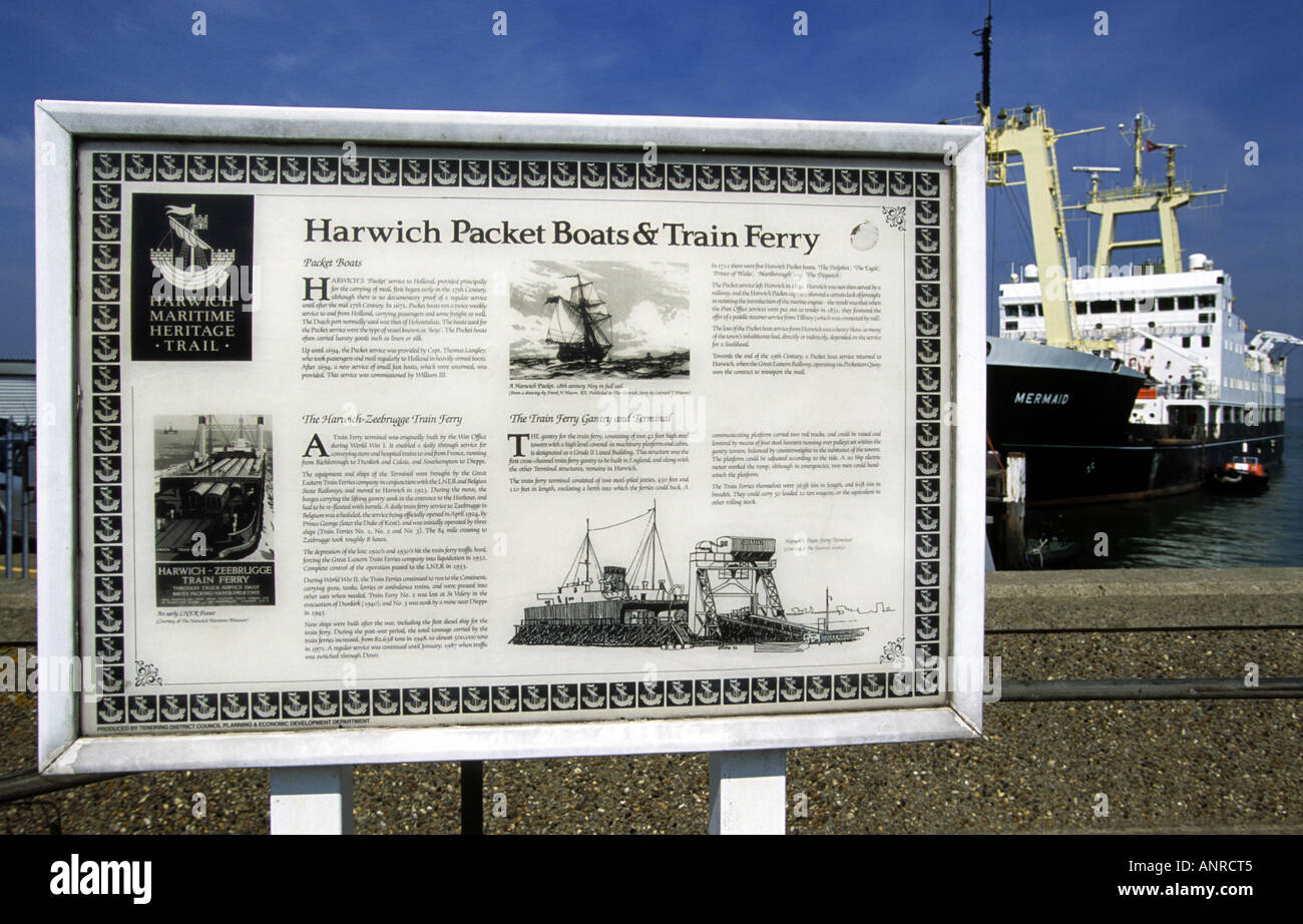 Un panneau d'information dans la région de Harwich détaillant l'historique du port d'Essex Bateaux Paquet et traversier-rail. Banque D'Images