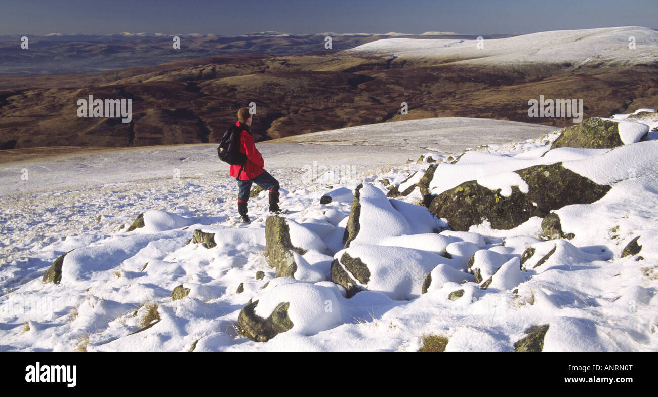 Neige hiver la randonnée dans les collines écossaises Lowther Hills sur le côté de l'Queensbeery face aux collines Galloway Scotland UK Banque D'Images