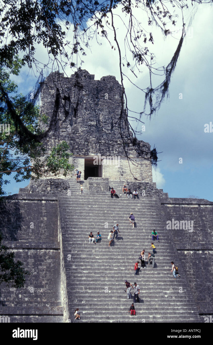 People climbing Temmple II ou temple des Masques,Tikal, Guatemala Banque D'Images