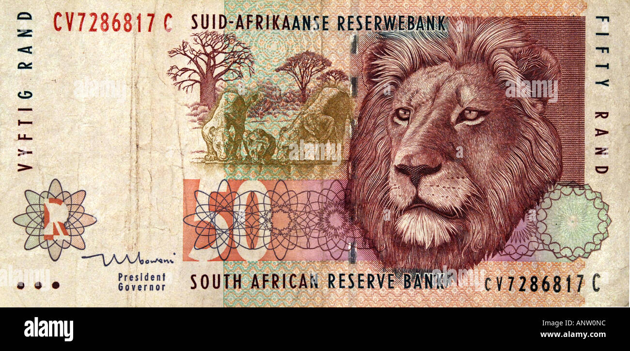 Une cinquante d'Afrique du Sud rand remarque sur un fond blanc. Banque D'Images