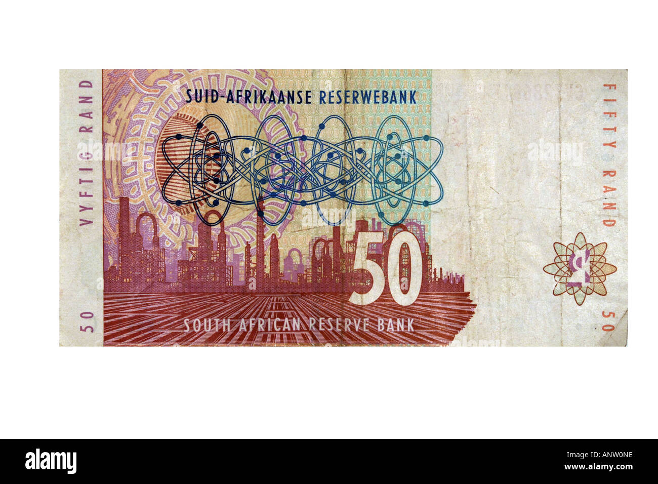 L'arrière d'une cinquante d'Afrique du Sud rand remarque sur un fond blanc. Banque D'Images