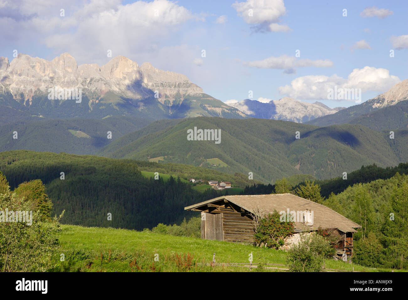 Cabane en bois sur une prairie derrière la chaîne de montagnes Rosengarten, Pistoia, Eggen, vallée du Tyrol du Sud, Italie Banque D'Images