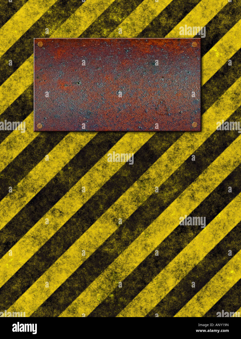 Panneau d'avertissement jaune vieux grungy avec plaque de métal rouillé Banque D'Images
