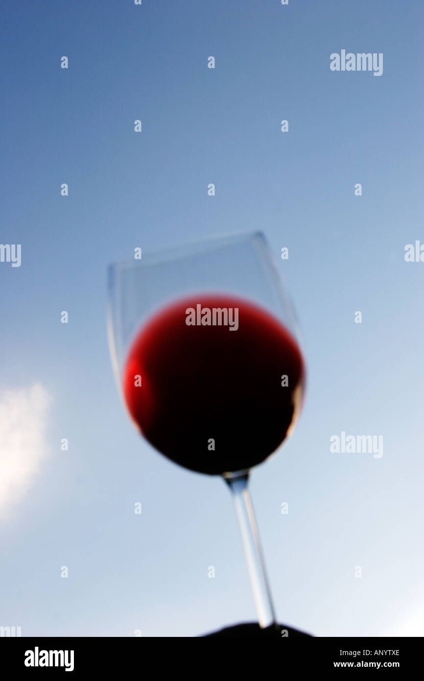 France, Paris, verre de vin rouge contre un ciel bleu. Banque D'Images