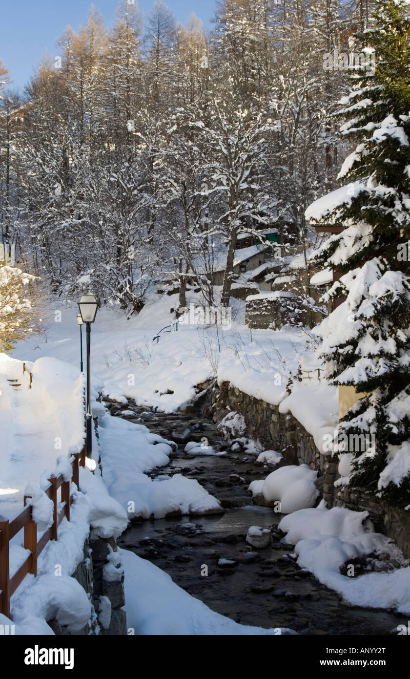 Flux avec la neige a couvert des mélèzes et des pins, Loèche-les-Bains (Loèche-les-Bains), Suisse Banque D'Images