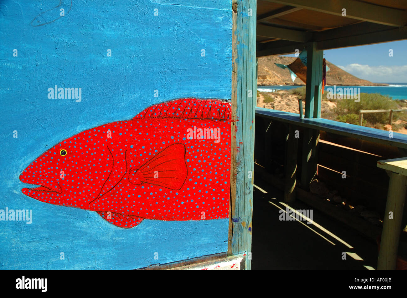 Coral cod peint sur la porte de la boutique Red Bluff Banque D'Images