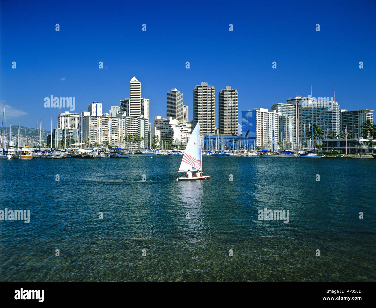 Cruising Yacht et gratte-ciel d'Honolulu Oahu Hawaii USA Banque D'Images