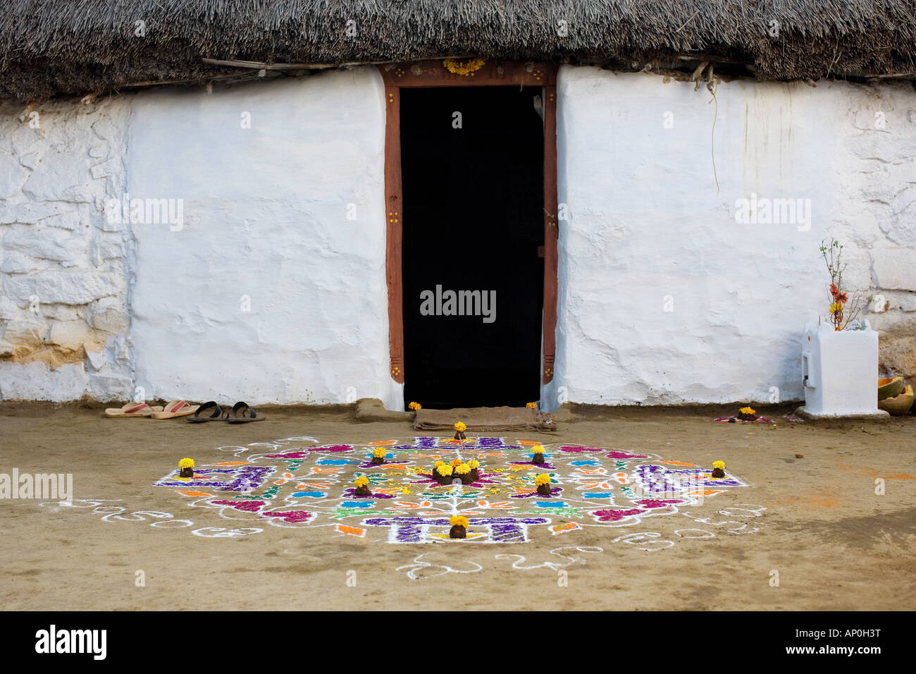 Rangoli design avec des fleurs et de la bouse de vache utilisée dans une rue pour célébrer la fête hindoue de Pongal ou Sankranti. L'Andhra Pradesh, Inde Banque D'Images Rangoli design avec des fleurs et de la bouse de vache utilisée dans une rue pour célébrer la fête hindoue de Pongal ou Sankranti. L'Andhra Pradesh, Inde Banque D'Images