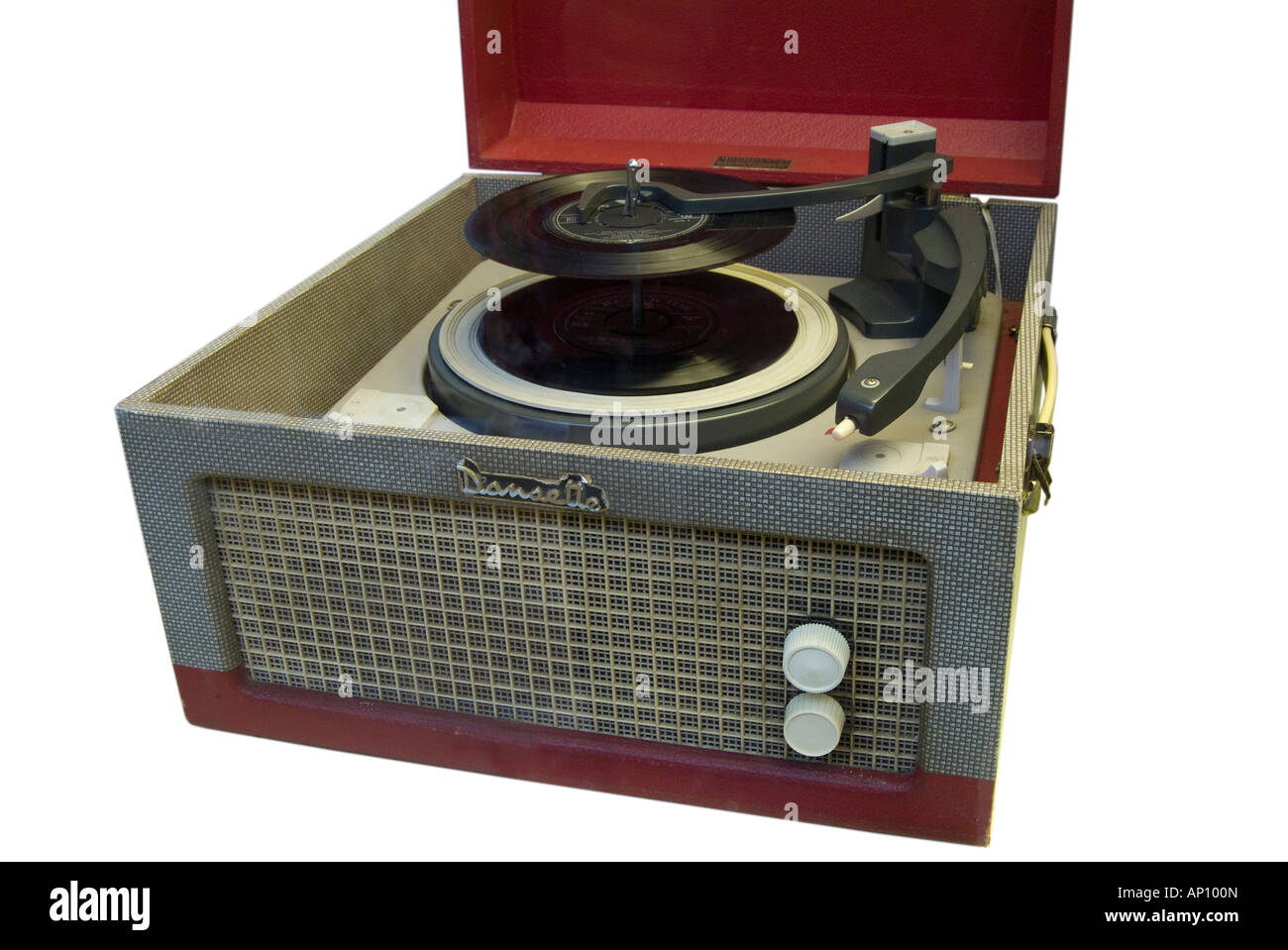 Monarque dansette record player rouge gris bleu Open music pop musical 33 45 78 tr/min jouer jouer Sound 1960 Rock roll Banque D'Images