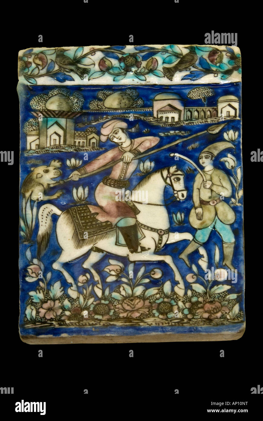 Scène de chasse de Téhéran iran Shah Tahmasp tuile 1880 chasse cheval lance lance safavide shah Perse Mashad patrimoine iranien Perse Cer Banque D'Images