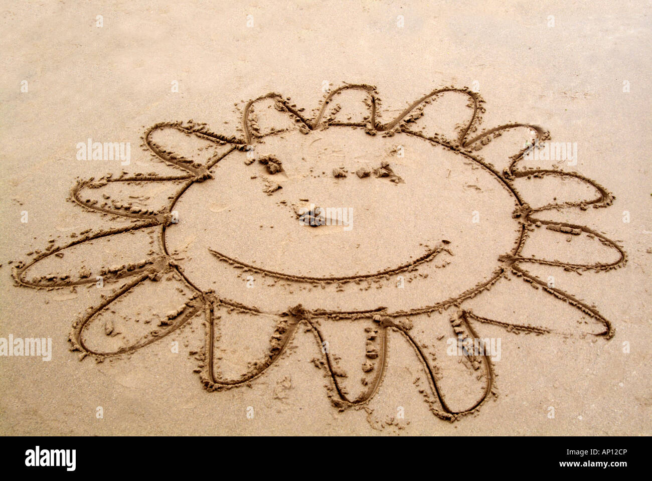 Soleil Plage Sable Sourire Cartoon Dessiner Appelée Maison