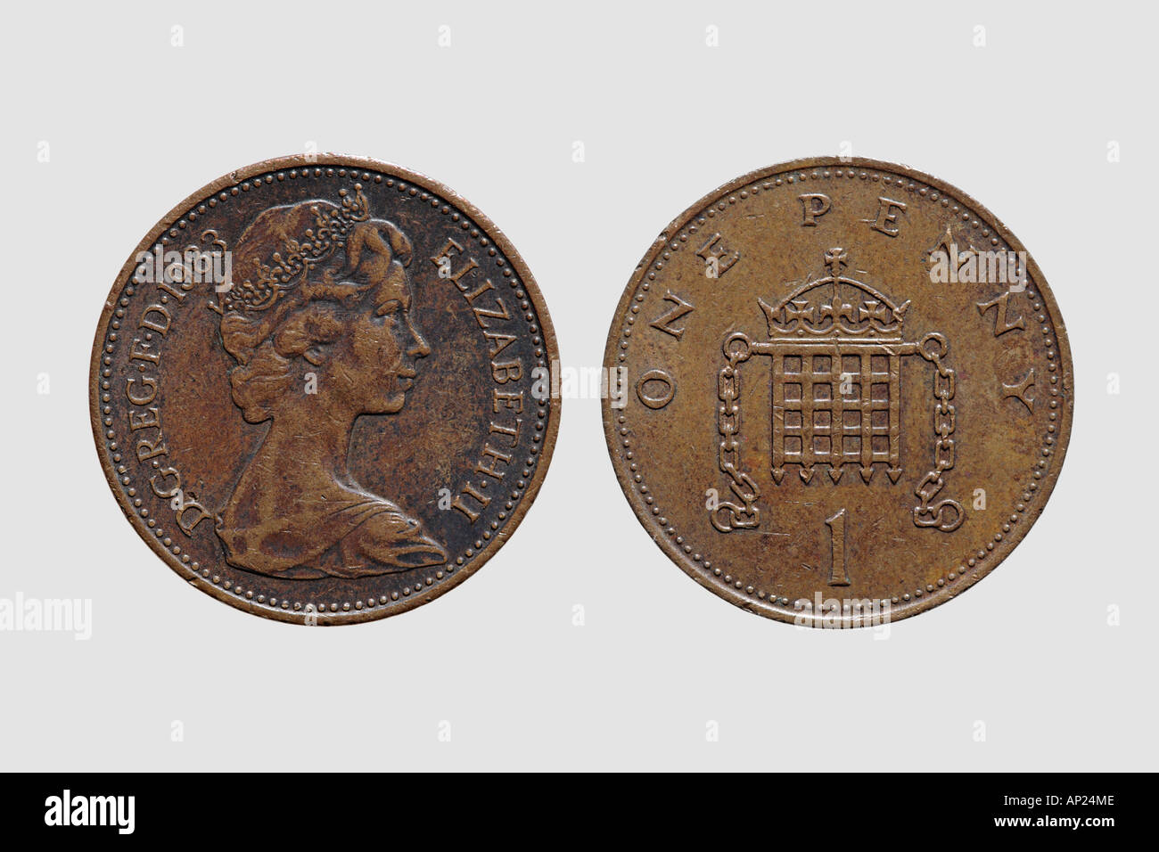 Avant et l'arrière d'une pièce de un cent devise britannique GBP Livre sterling argent Banque D'Images