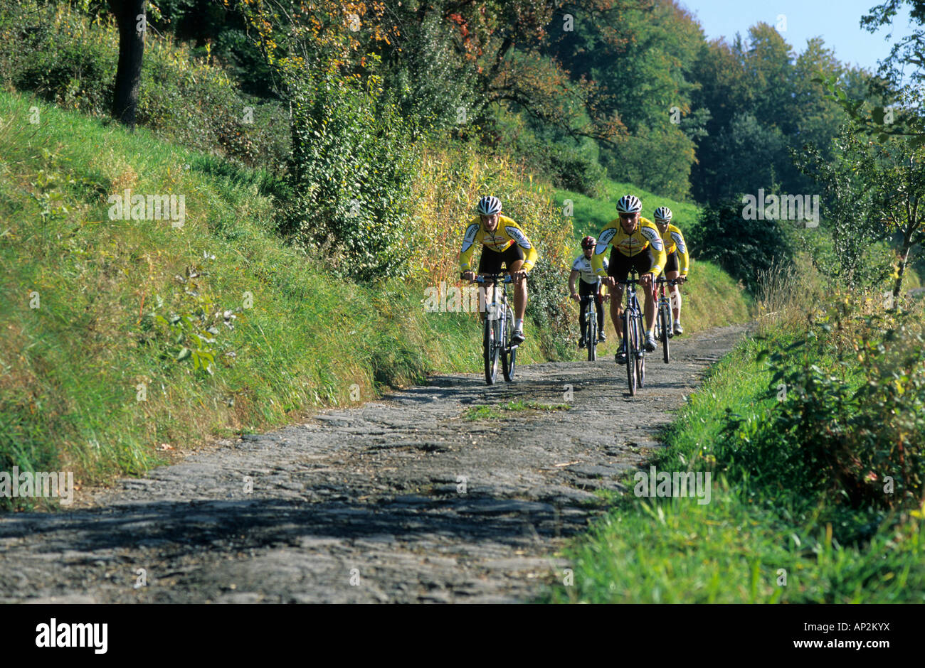 Groupe de 4 vététistes à Samerberg, Chiemgau, Haute-Bavière, Bavière, Allemagne Banque D'Images