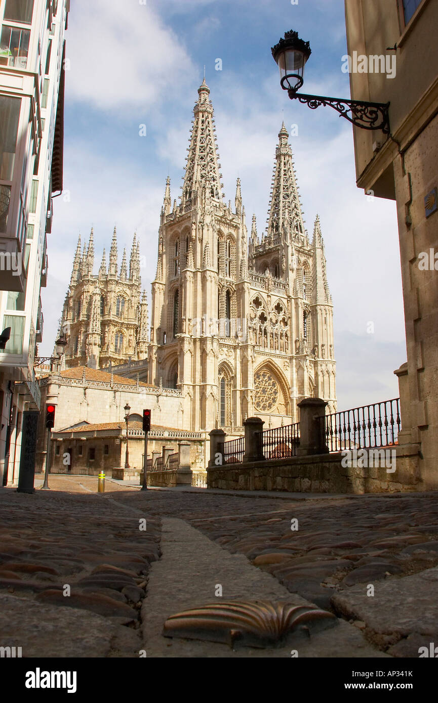 Vue sur cathédrale, Catedral Santa María et la coquille Saint-Jacques, Burgos, Castille Leon, Espagne Banque D'Images