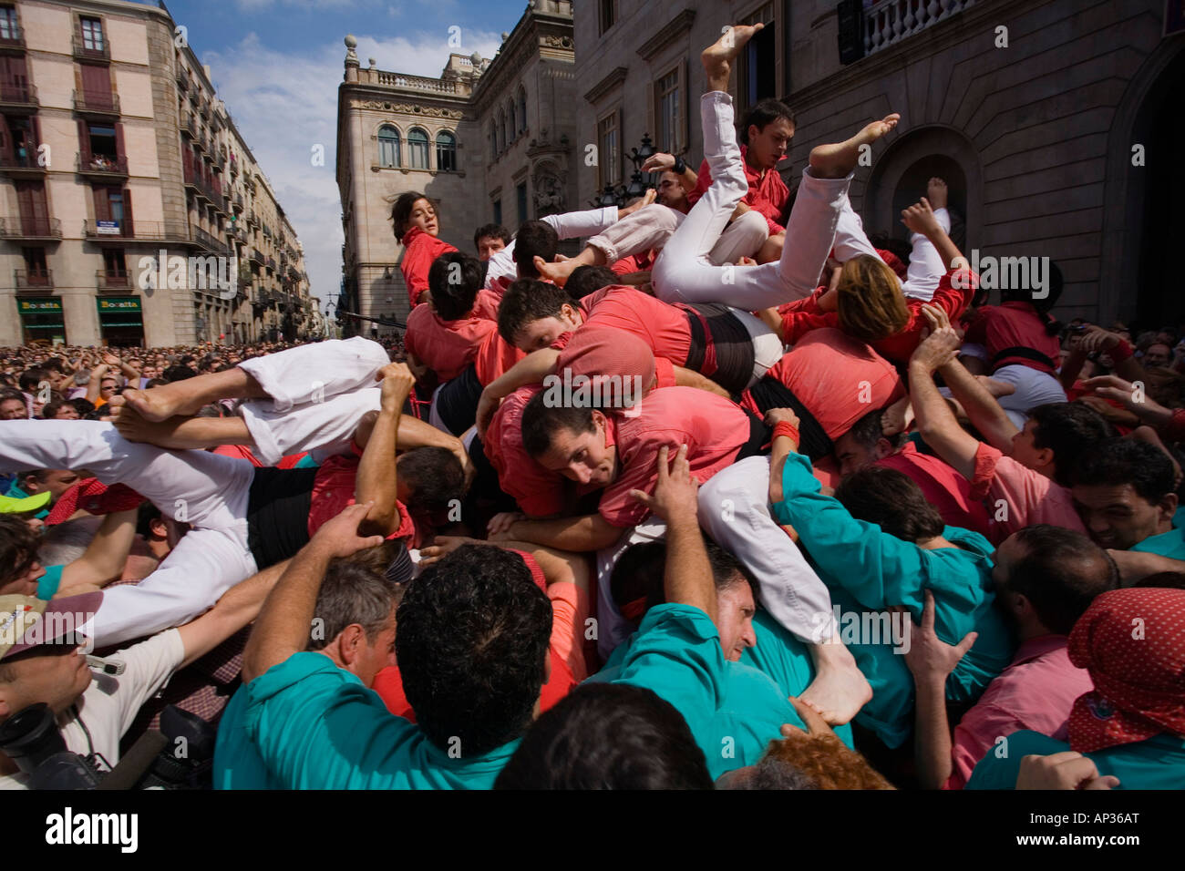 Les Castellers, tour, Festa de la Merce, city festival, septembre, Plaça de Sant Jaume, Barri Gotic, Ciutat Vella, Barcelone, Banque D'Images