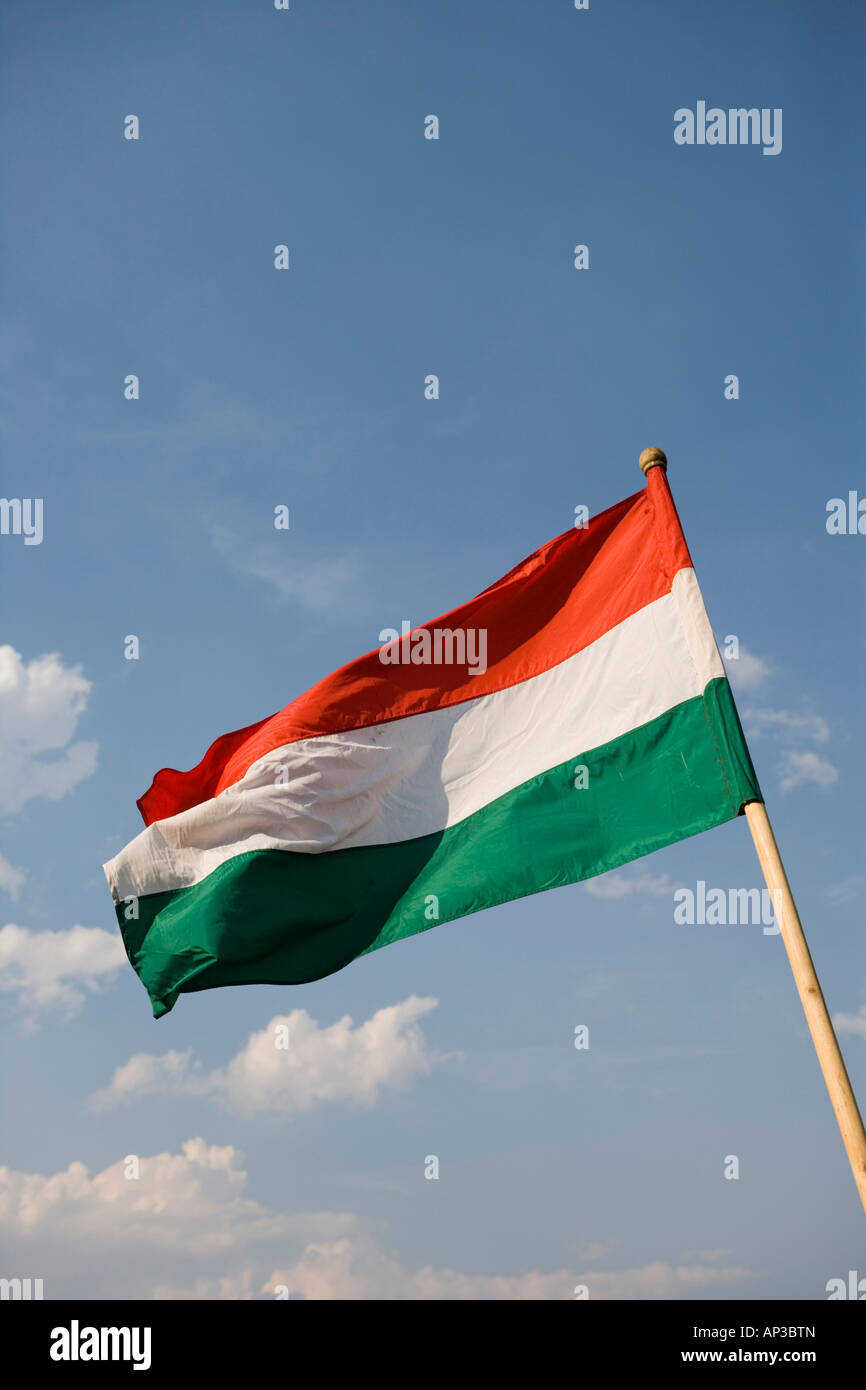 Drapeau hongrois sur le pont à chaînes, Budapest, Hongrie Banque D'Images