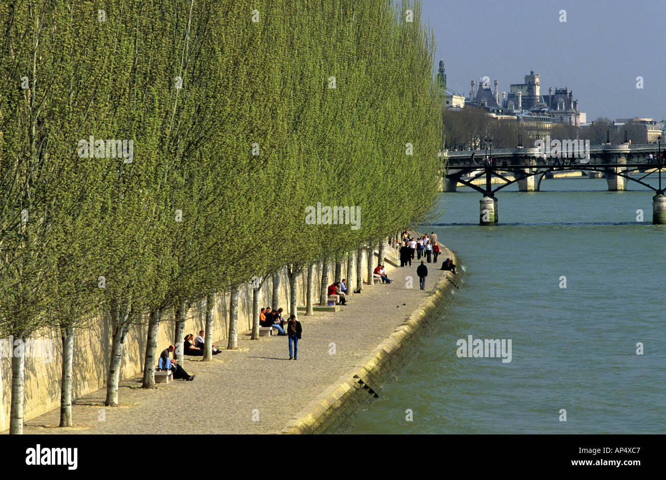Les gens marcher et s'asseoir le long de la Seine à Paris France Banque D'Images