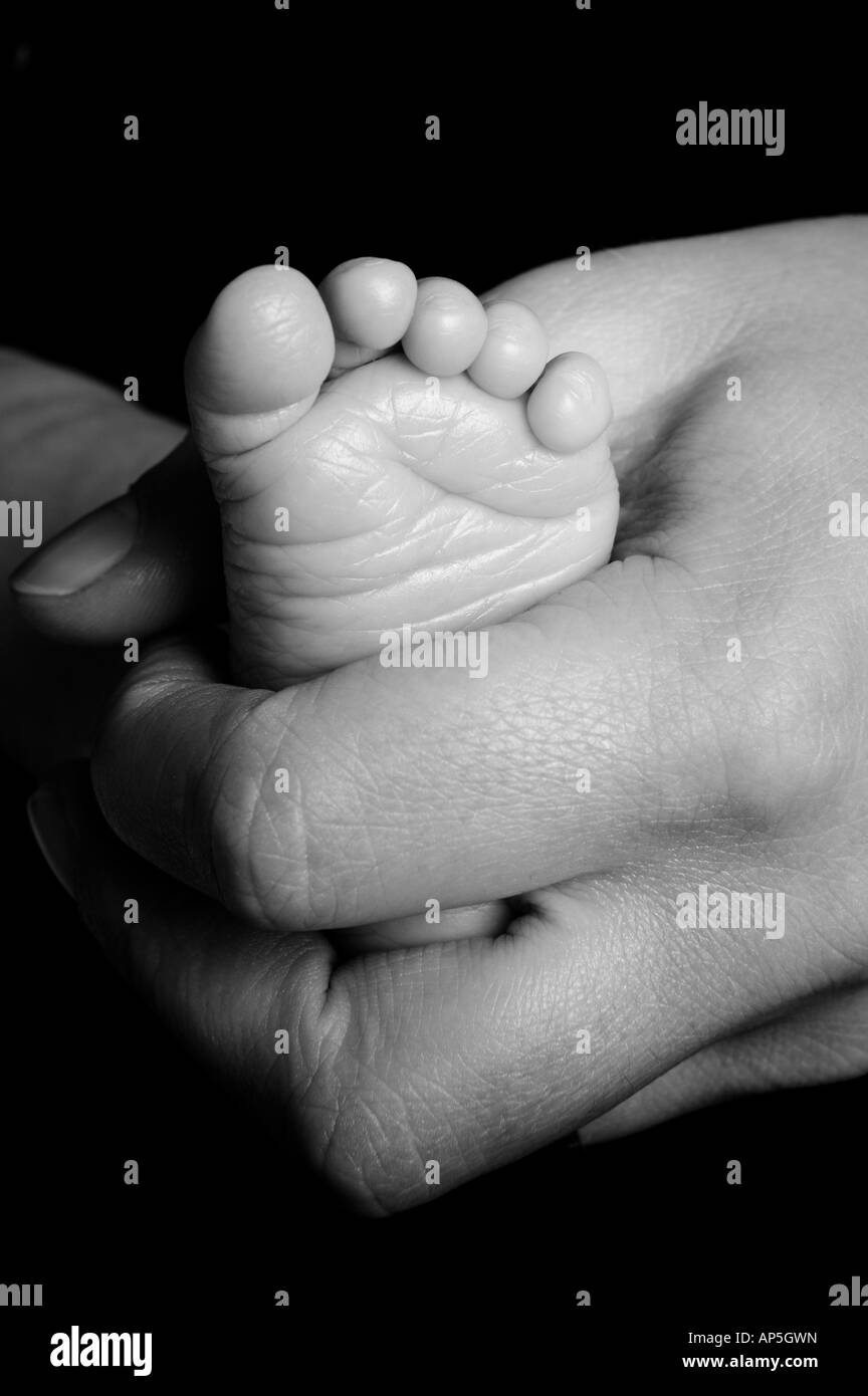 Pied d'un bébé de quatre semaines studio photo en noir et blanc Banque D'Images