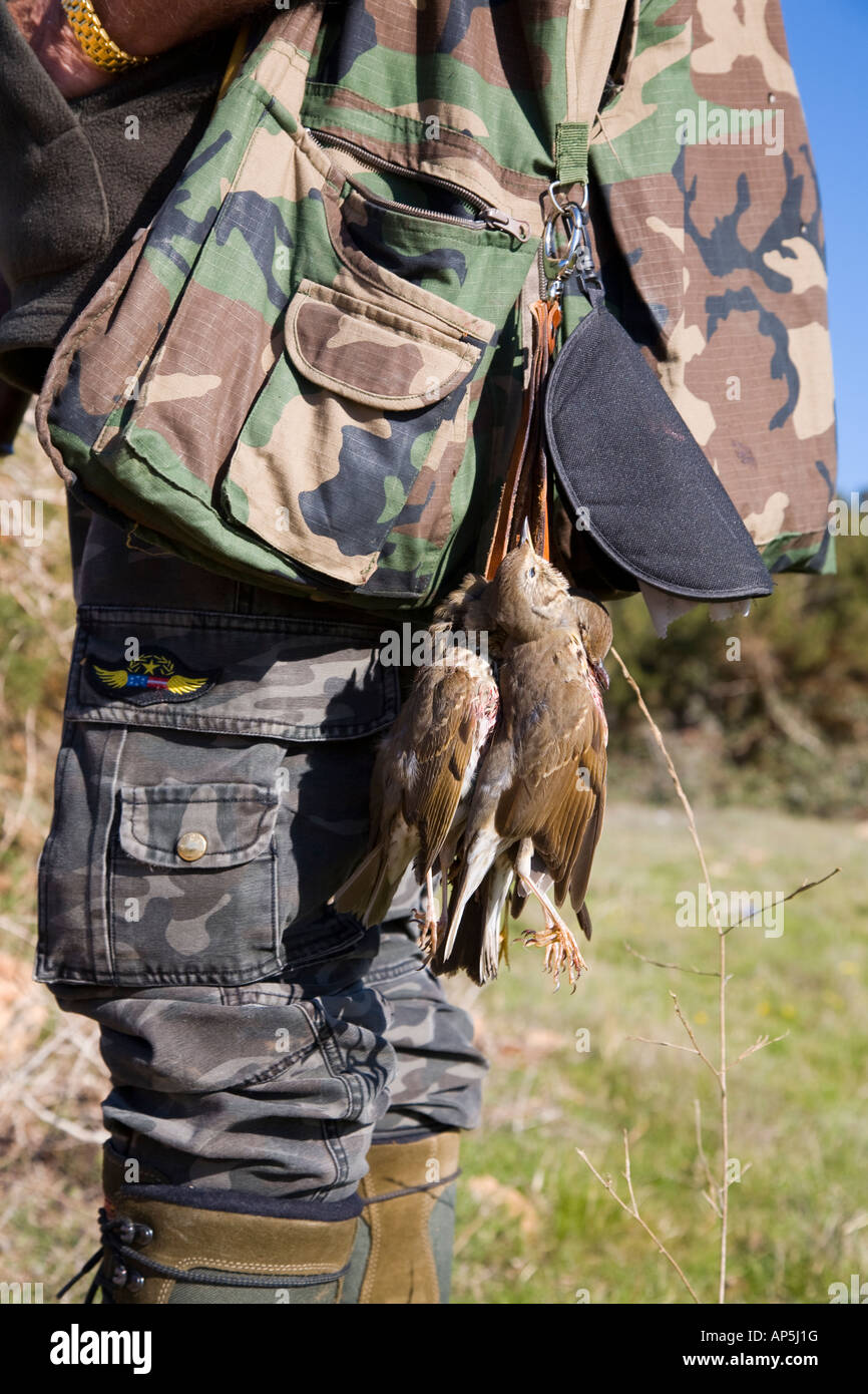 Un chasseur d'oiseaux migrateurs de printemps de Cypriote Hunter avec Shotgun ; Songbird Shooting & Hunting dans la péninsule d'Akamas, Pafos, Chypre, zone européenne. Banque D'Images
