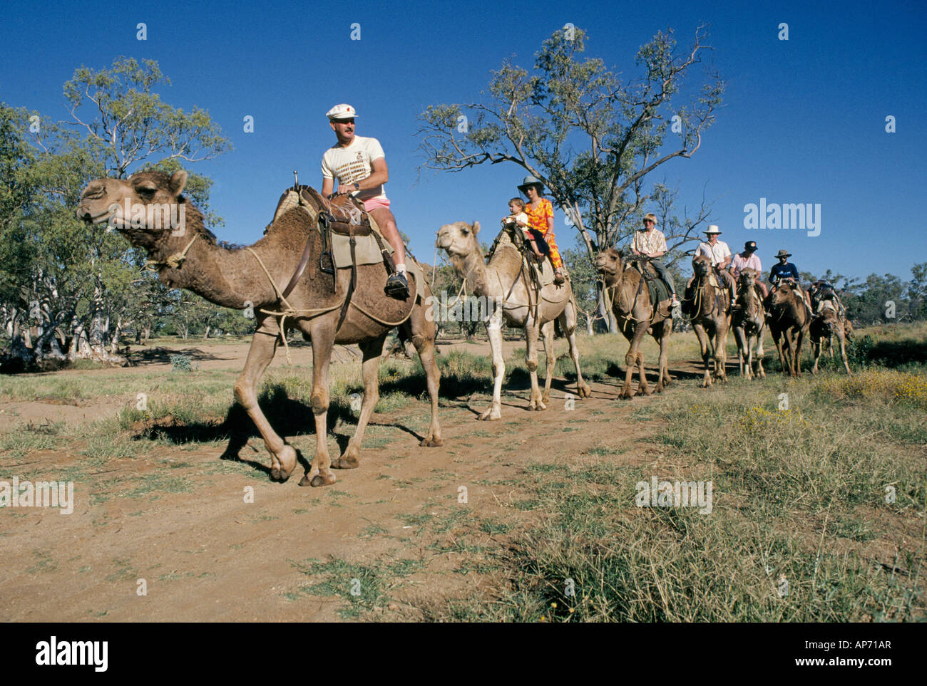 Les visiteurs prendre un chameau près de la ville d'Alice Springs Banque D'Images