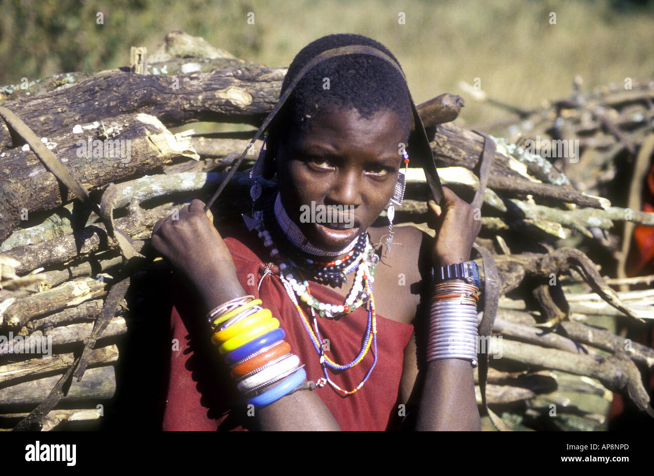 Fille Maasai portant un paquet de bois de retour à son village au Ngorongoro Tanzanie Banque D'Images