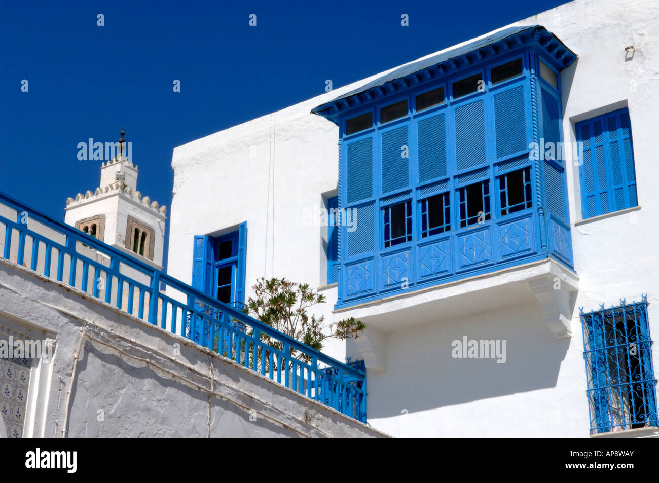 Les bâtiments traditionnels blanchis à la chaux avec des volets bleus et des grillades à Sidi Bou Said Banque D'Images