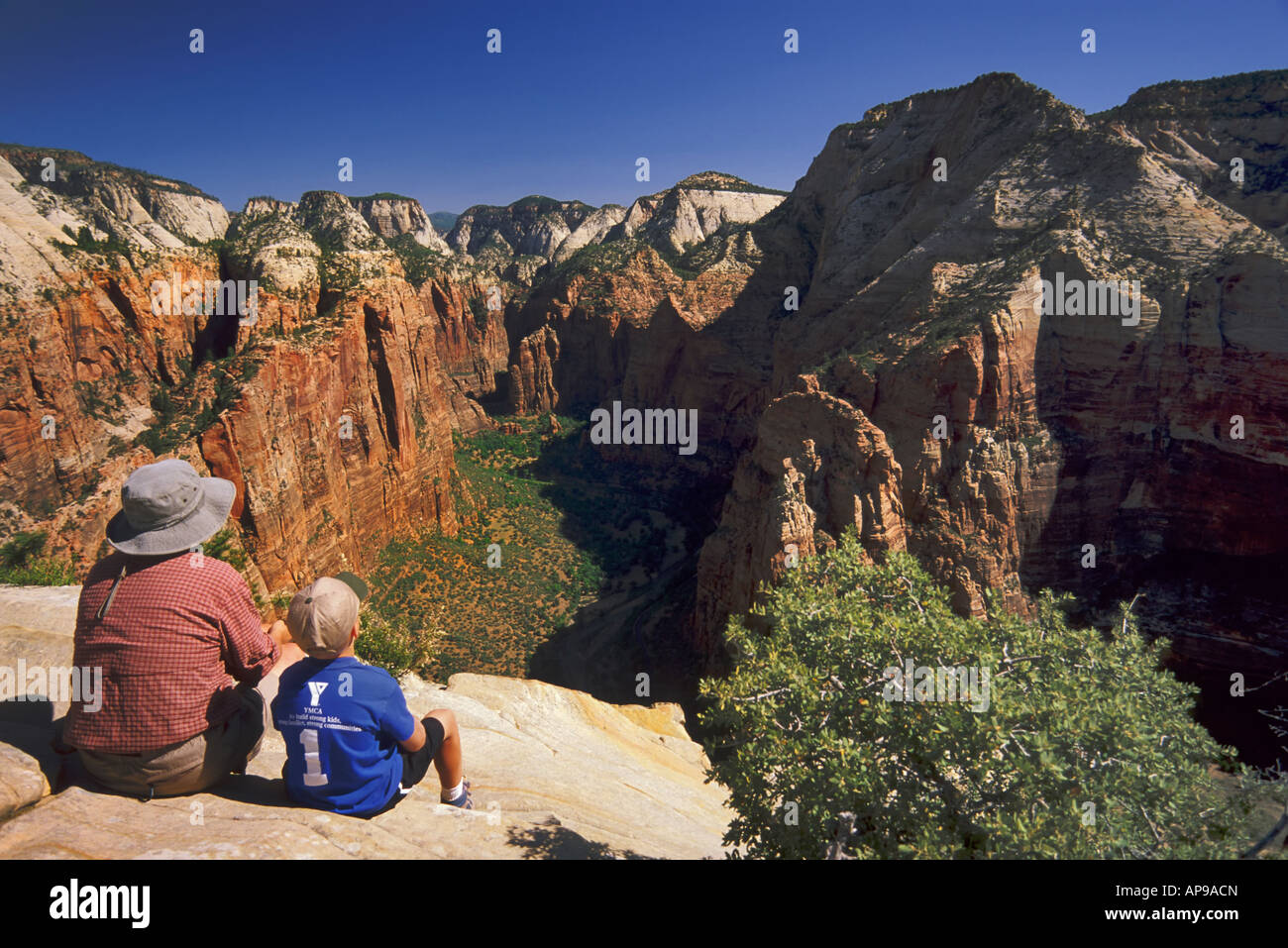 Père Fils à Zion Canyon à de Angels Landing Zion National Park Utah USA Banque D'Images