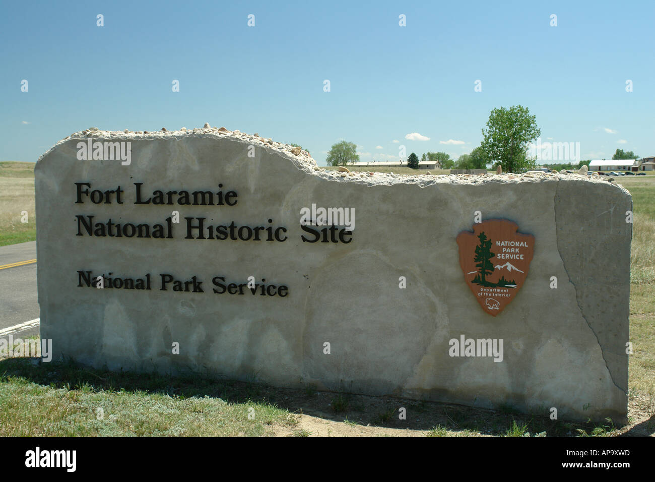 AJD50254, Fort Laramie, WY, Wyoming, Fort Laramie National Historic Site, panneau d'entrée Banque D'Images