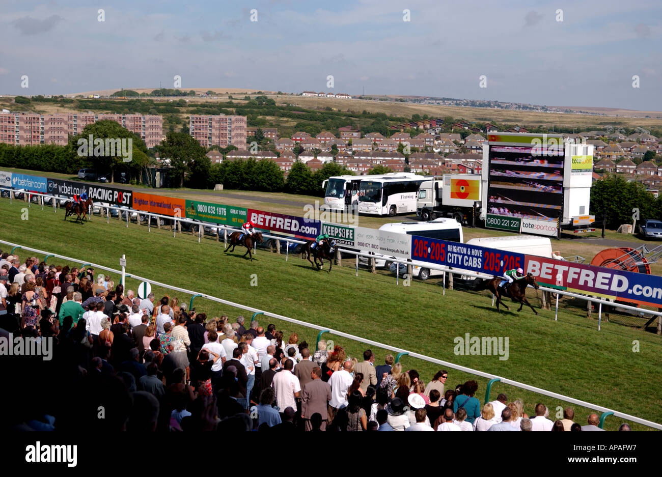 Chevaux terminent une course à l'Hippodrome de Brighton à Sussex UK dans la vallée ci-dessous est Whitehawk lotissement conseil Banque D'Images