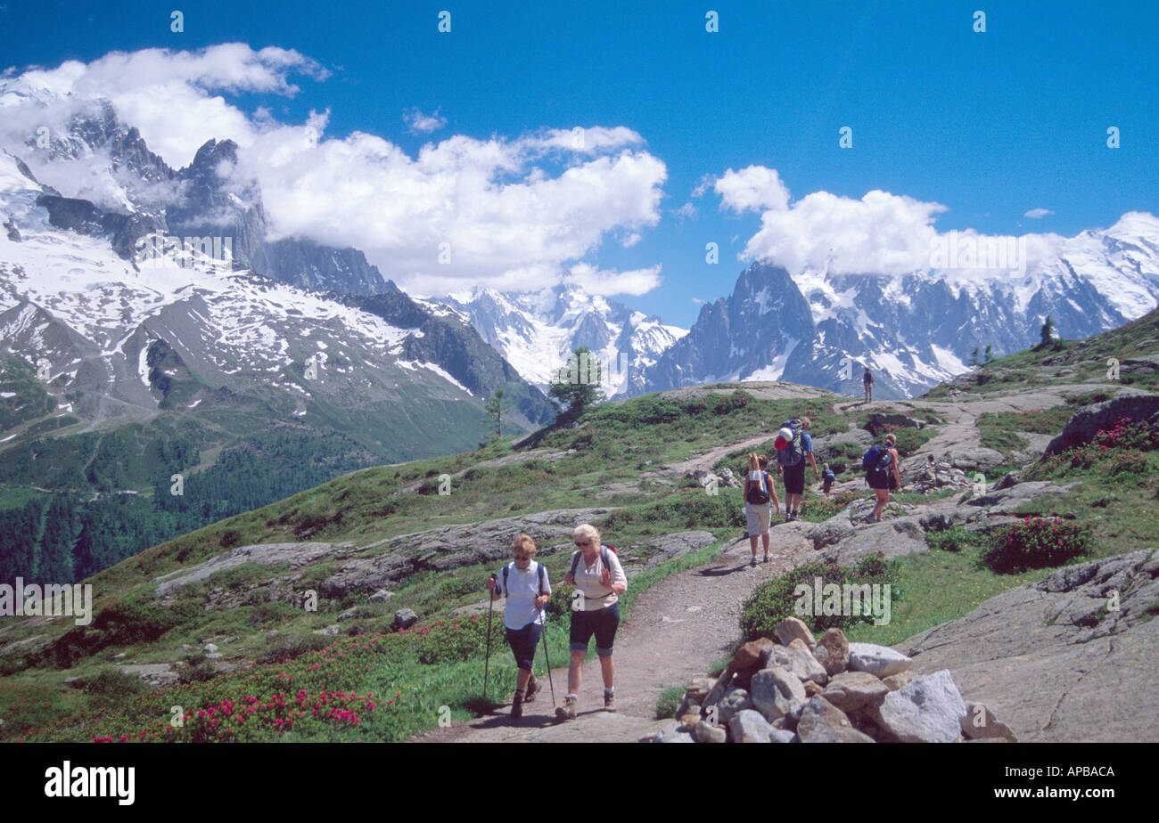 Les randonneurs sur le Tour du Mont Blanc au-dessus de la vallée de Chamonix Alpes France Banque D'Images