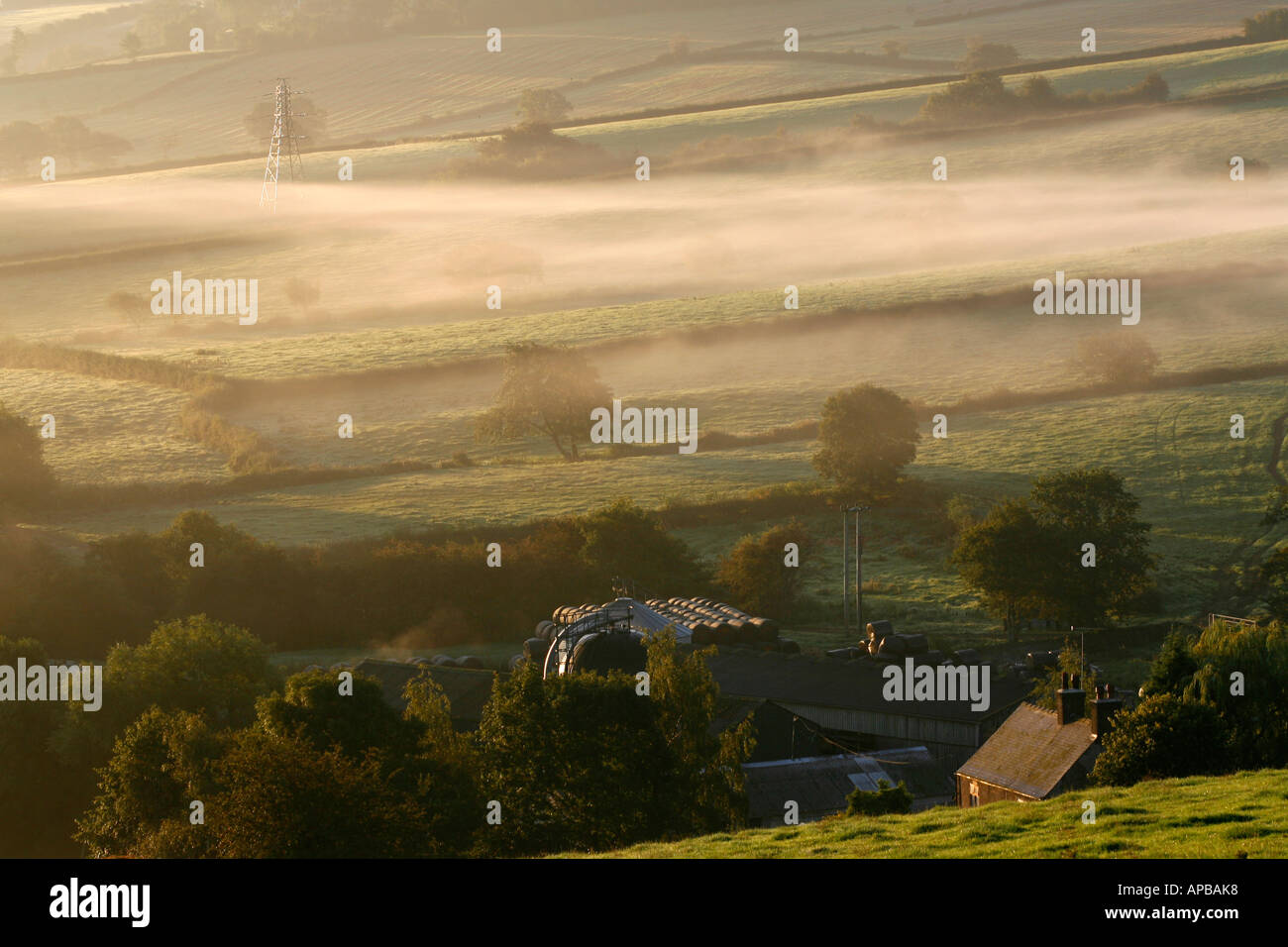 Misty le lever du soleil sur les terres agricoles à Heage dans le Derbyshire Dales England UK Banque D'Images