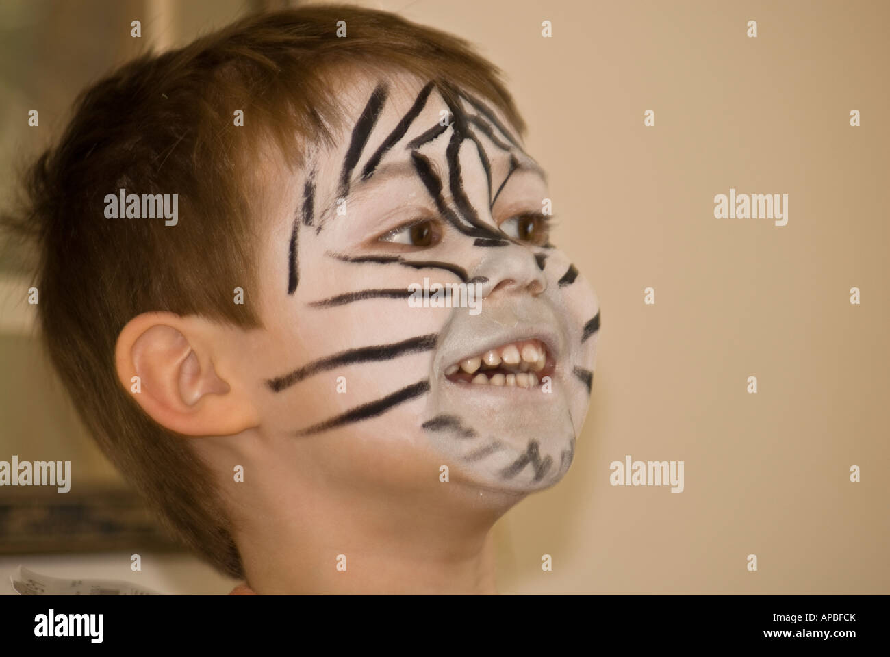 Garçon enfant Zebra face paint Banque D'Images