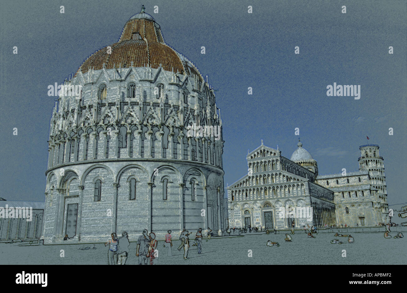 Vue impressionniste de la Piazza Campo dei Miracoli comprenant de la cathédrale, baptistère, la tour penchée et le cimetière, Pise, Italie Banque D'Images