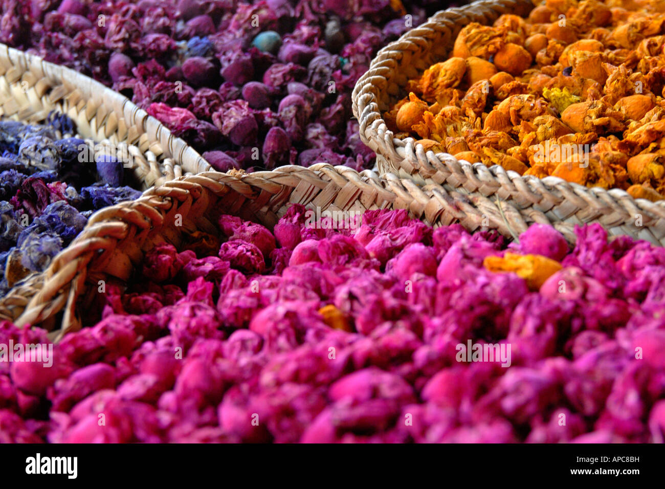 Paniers de boutons de roses séchées souk de Marrakech Banque D'Images