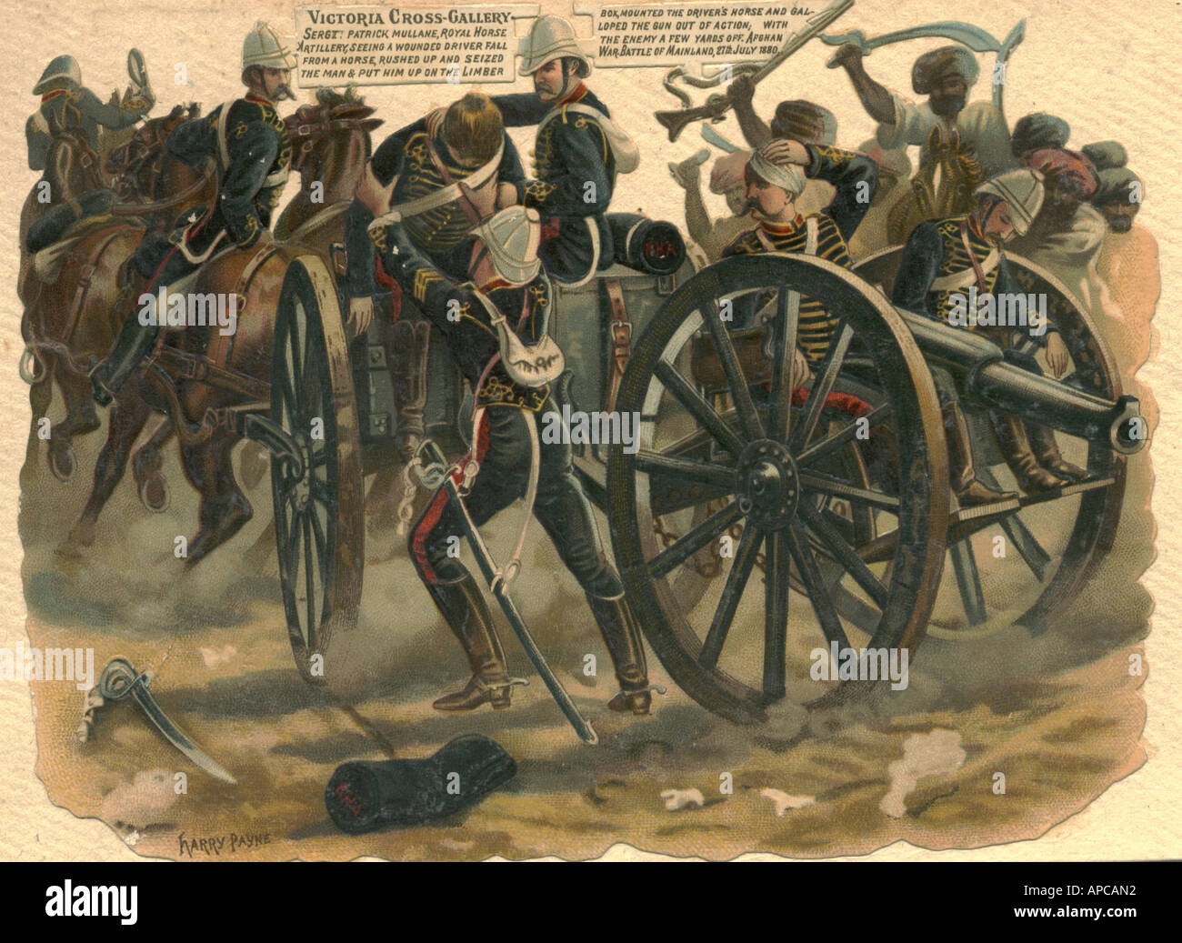 Chromolithographed die cut de ferraille Sergt. Patrick Mullane large Croix de Victoria en Afghanistan 1880 par l'artiste Harry Payne Banque D'Images