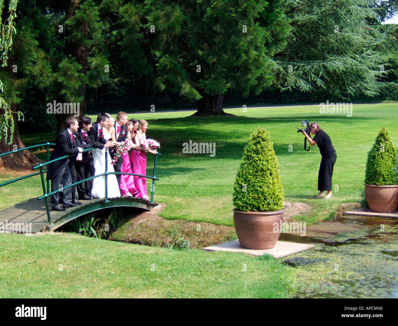 Les jeunes mariés se faisant passer pour leurs photos de mariage avec leur meilleur homme et demoiselles Banque D'Images