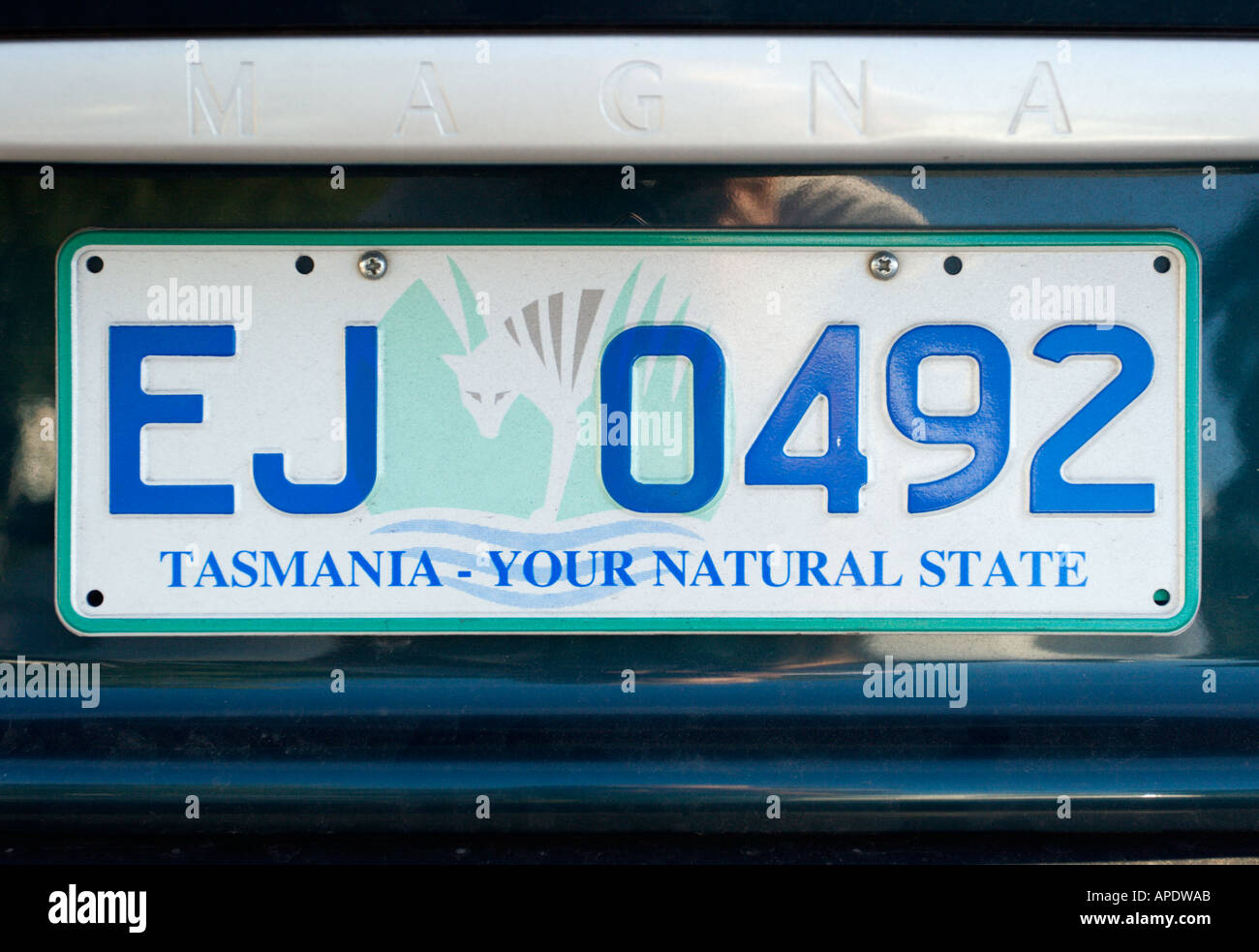 La plaque de numéro de voiture Tasmanie Tasmanie avec votre logo en dessous de l'état naturel et animal en arrière-plan l'Australie Tasmanie Banque D'Images