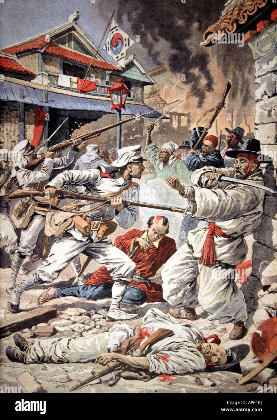 Géographie / voyage, Corée, riot 1907, les soldats japonais attaquent la révolte, gravure colorée, 'le petit Journal', 4.8.1907, Banque D'Images