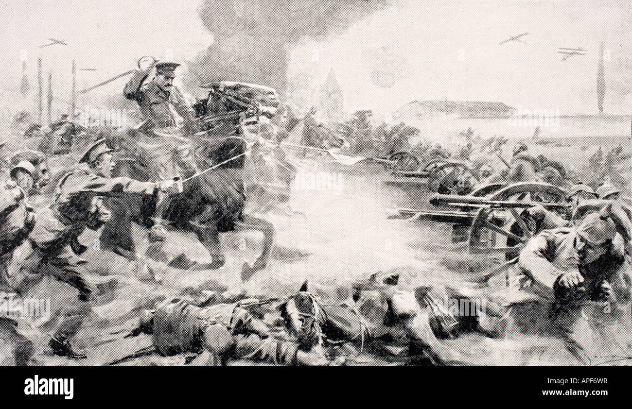 Le capitaine F O Grenfell VC dirige la charge des 9e Lanciers le 24 août 1914 pour reprendre les armes capturées près de Doubon pendant la première Guerre mondiale. Banque D'Images Le capitaine F O Grenfell VC dirige la charge des 9e Lanciers le 24 août 1914 pour reprendre les armes capturées près de Doubon pendant la première Guerre mondiale. Banque D'Images