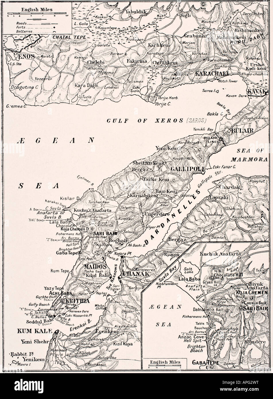 Carte détaillée de la péninsule de Gallipoli et des Dardanelles, Turquie en 1915, montrant les plages britanniques et alliées. Banque D'Images
