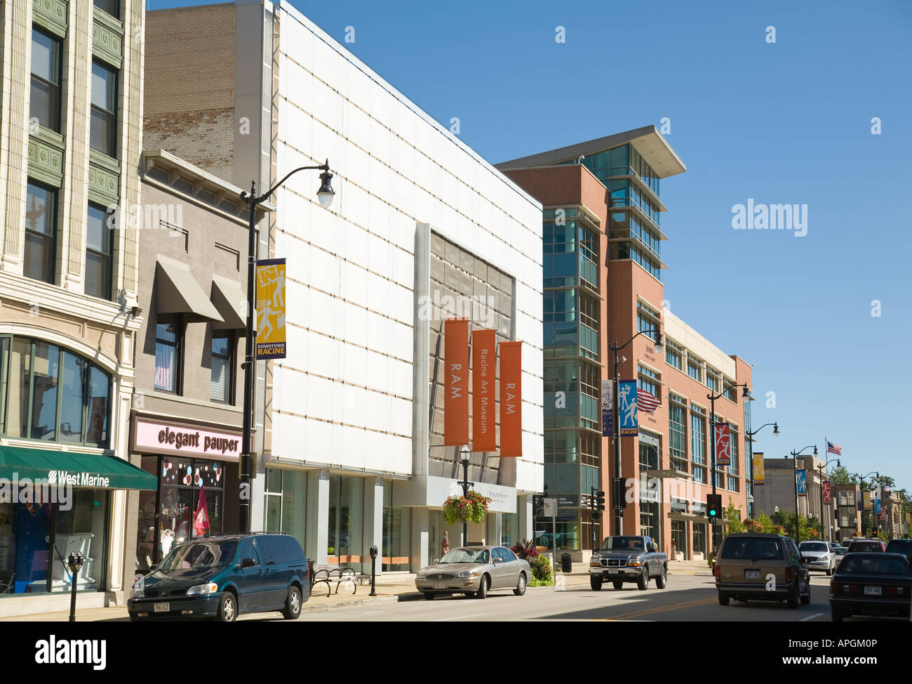 WISCONSIN Racine Johnson Outdoors corporate headquarters office building art museum et les magasins de détail au centre-ville Banque D'Images