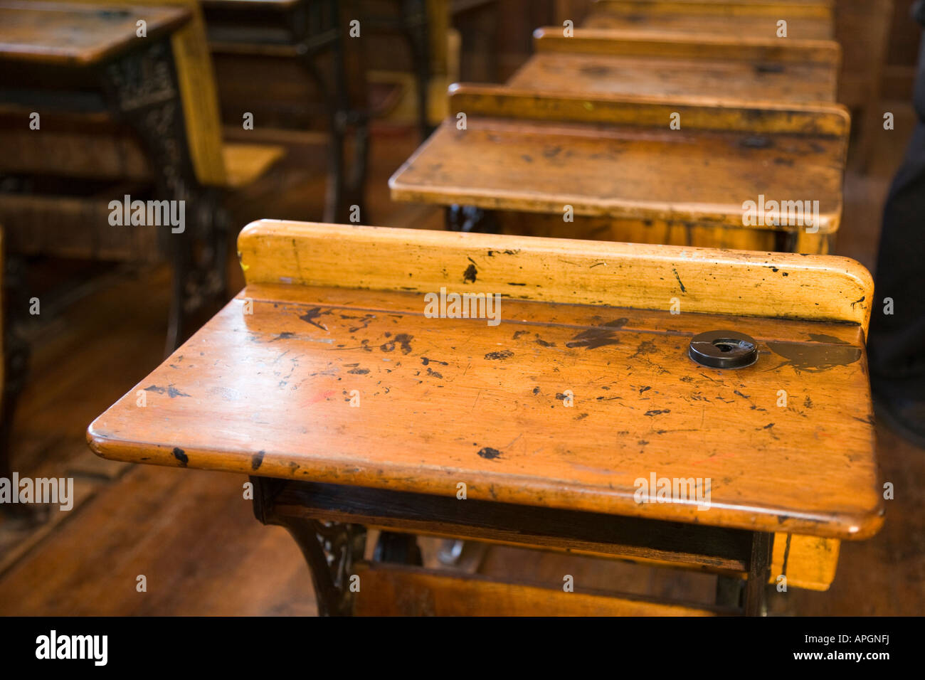 Rockford ILLINOIS Encrier de bureau en bois avec des étudiants de l'école à l'ancienne Village Midway Banque D'Images
