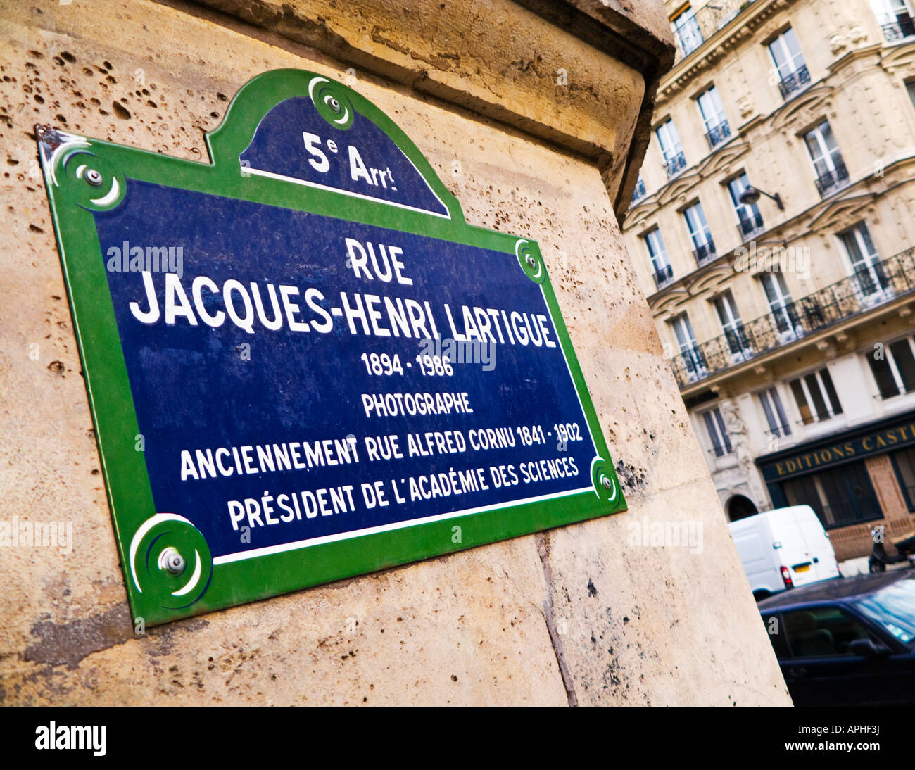 Plaque de rue de Paris Rue Jacques Henri Lartigue, Quartier Latin, Paris, France, Europe Banque D'Images