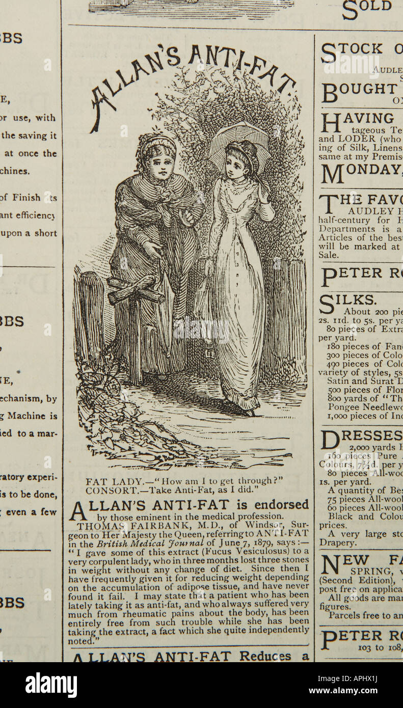 Publicité victorienne pour le traitement anti Fat d'Allan montrant deux dames discutant de leur figure et de leur poids - 19th Century UK Banque D'Images