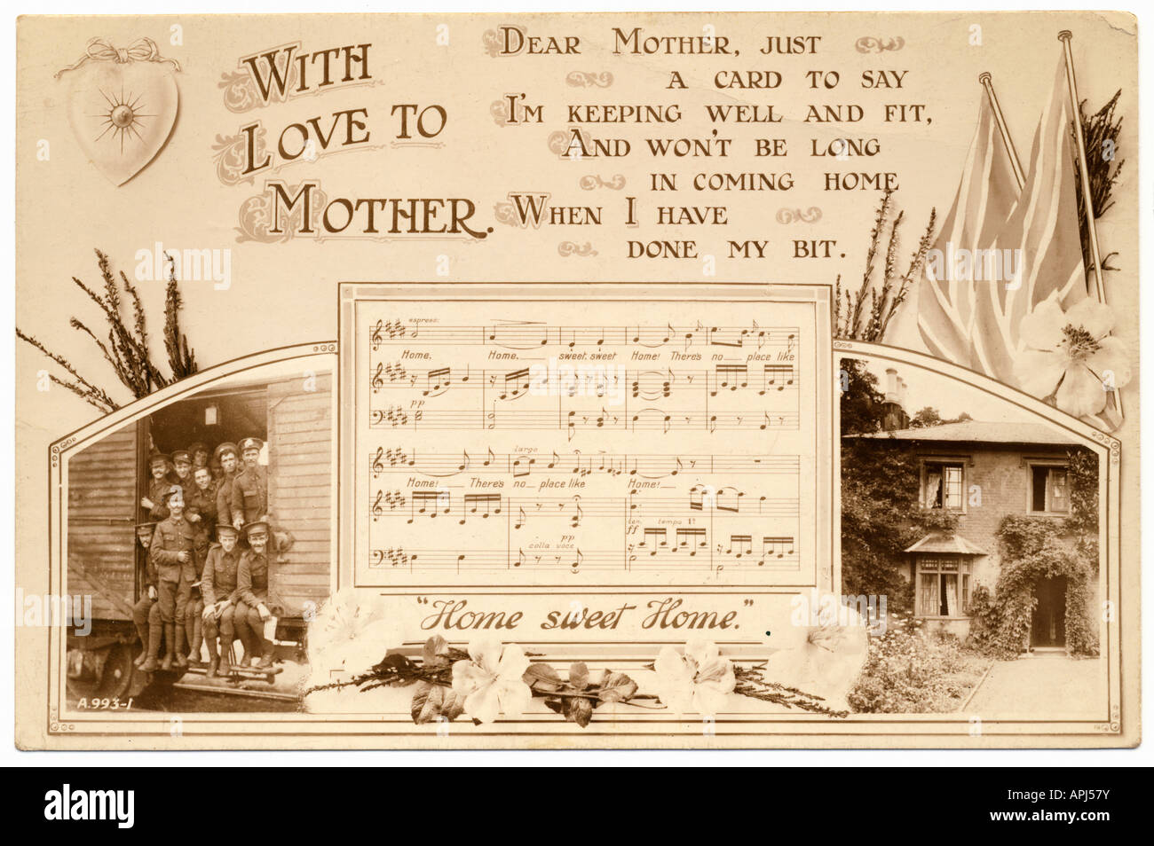 La vieille carte postale envoyer 'l'amour de mère" de soldat à la ligne de front pendant la Première Guerre mondiale en 1915 env. Banque D'Images
