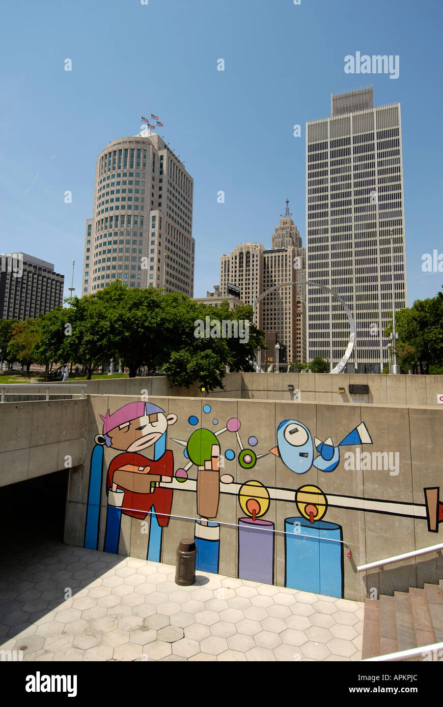 Le centre-ville de Détroit au Michigan en vue de la Hart Plaza symbolisant le Michigan s'héritage du travail Vue transcendant Banque D'Images