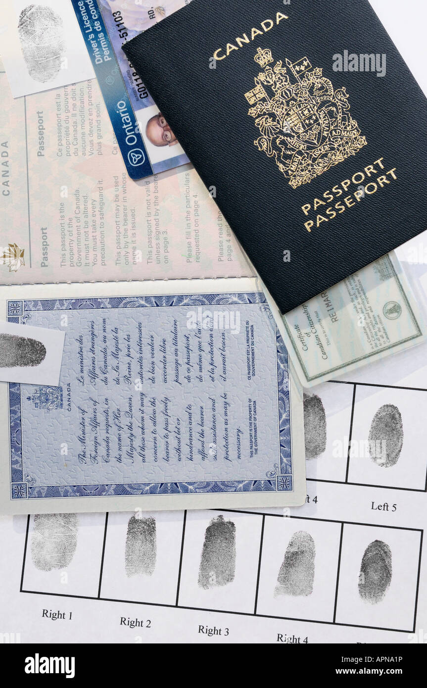 Collection de cartes d'identité et passeports les empreintes digitales pour l'identification pour la sécurité et la preuve de citoyenneté Banque D'Images