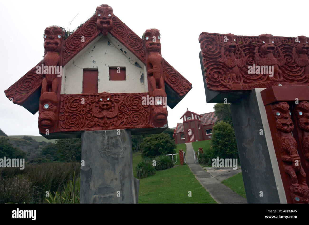 Entrée de l'établissement Maori, près de l'Otakau Marae, la péninsule d'Otago, île du Sud, Nouvelle-Zélande Banque D'Images