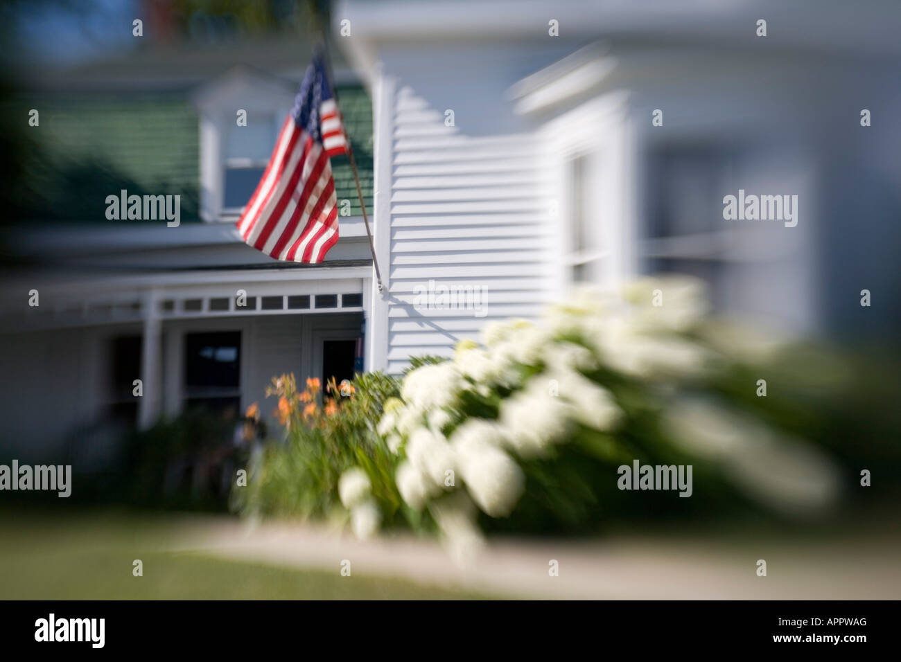 Image floue de baraque en bois blanc Maine USA Nouvelle Angleterre avec le drapeau américain et l'hydrangea flowers Banque D'Images